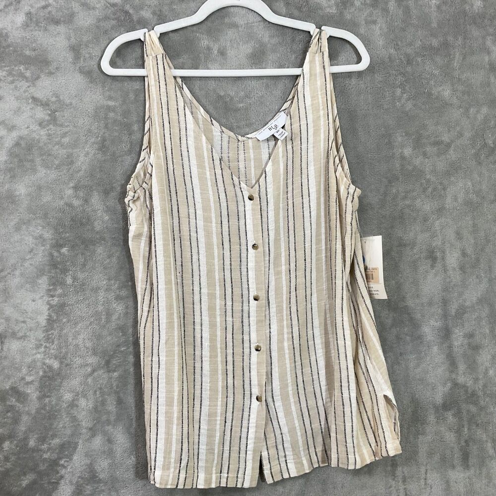 NWT  Linen Blend Tunic Top women’s size L Sleeveless Button Up Tan Beige stripe